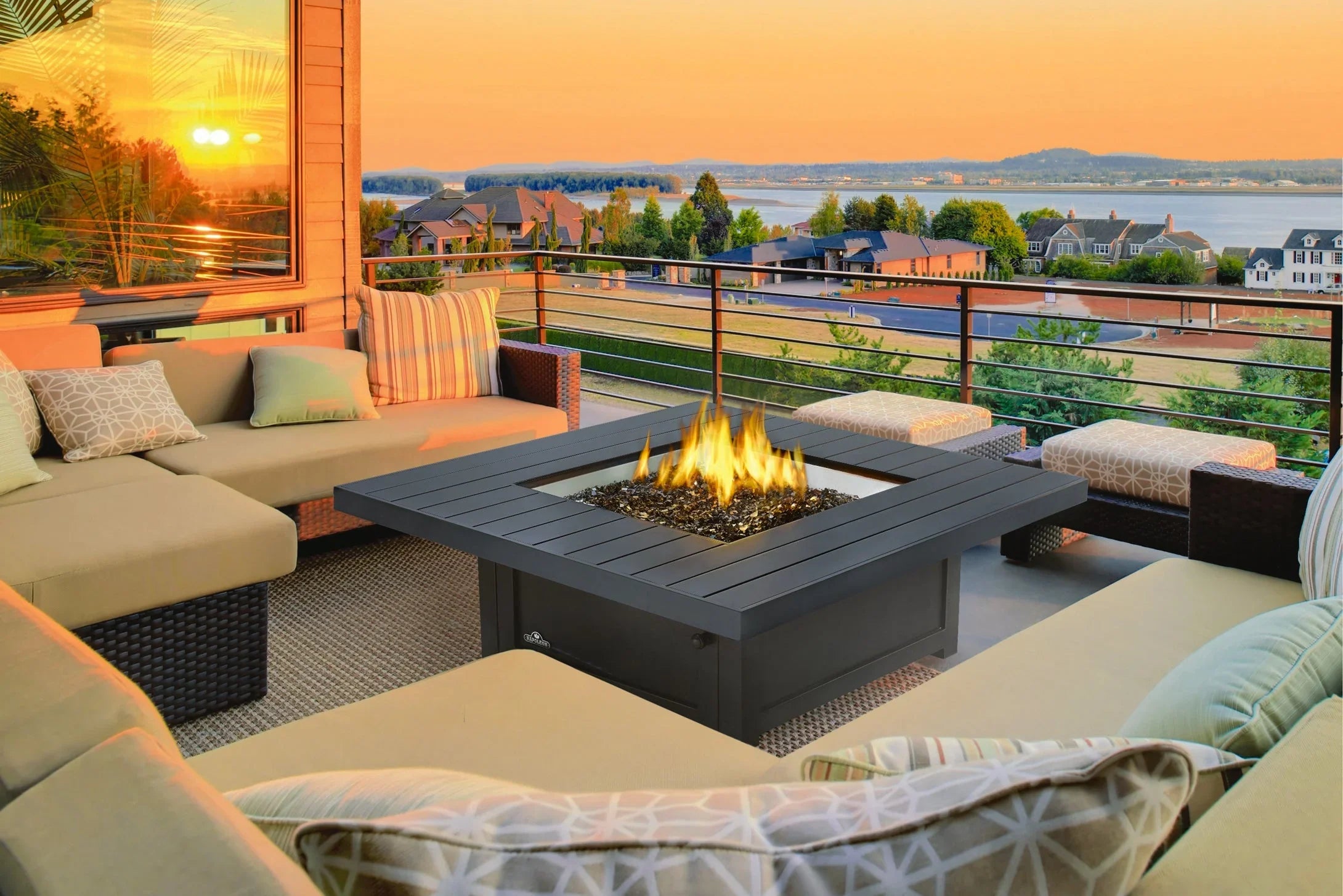 Outdoor patio heater and fire table for backyard entertaining space