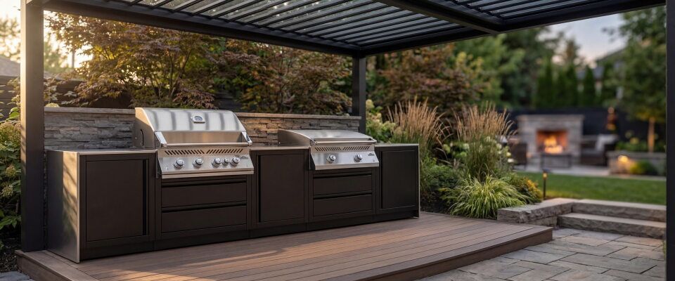 Outdoor kitchen kit with built-in grill, storage, and stainless steel components