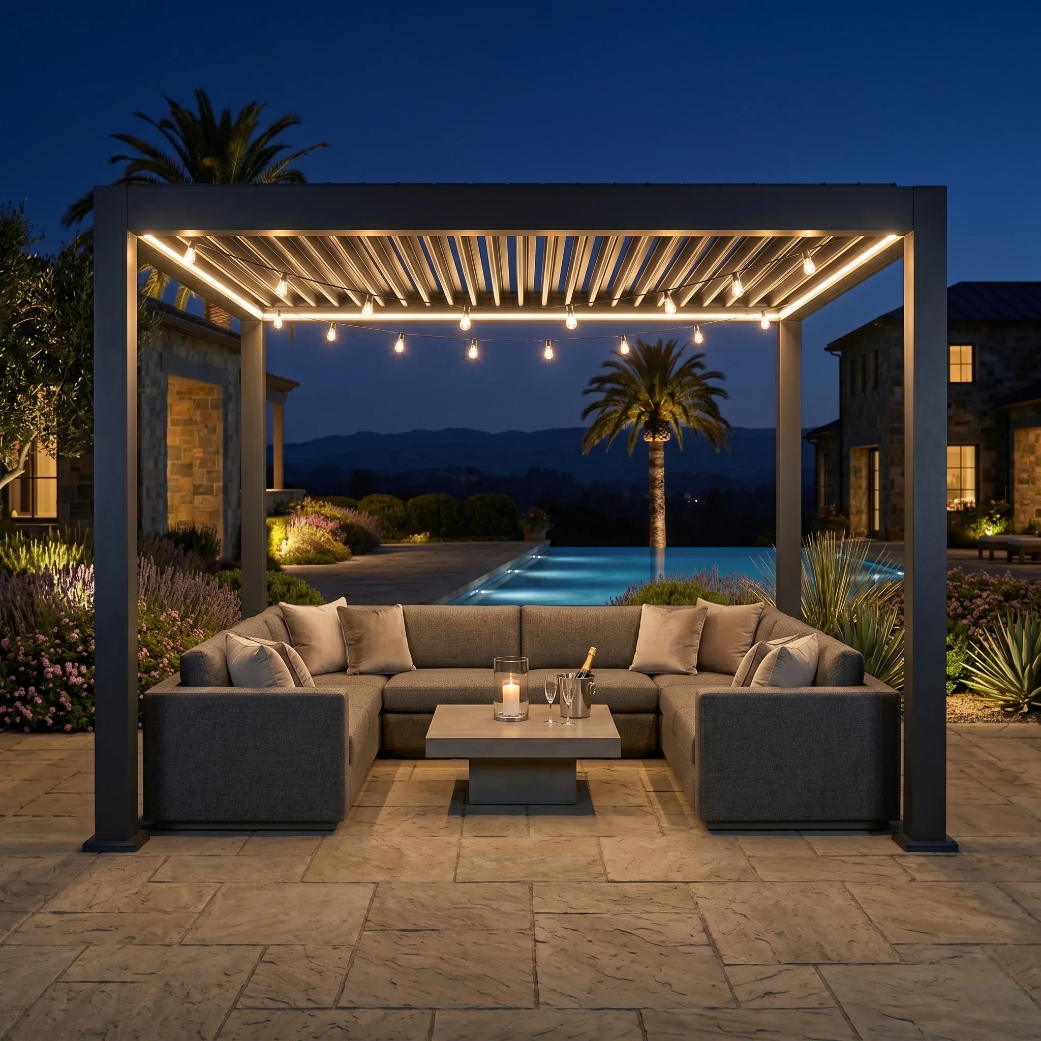 Outdoor pergola and patio shade structure for backyard entertaining area